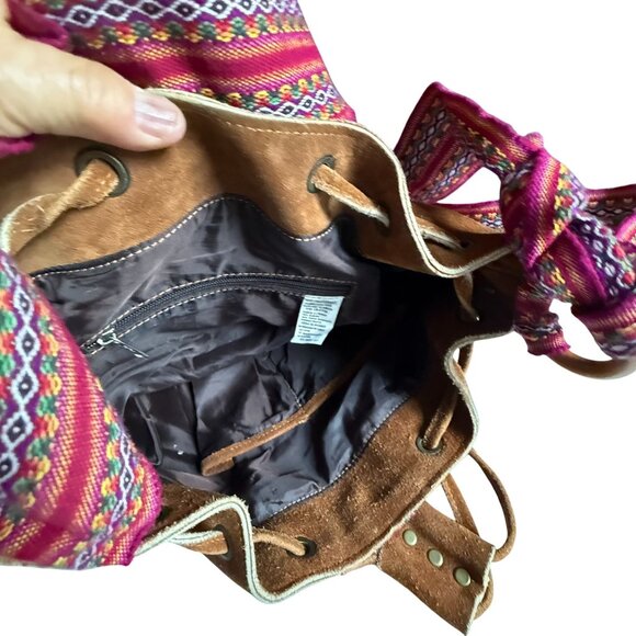 Leather Suede Faja Fabric Strap Shoulder Bag Brown Pink Bohemian Everyday - Picture 14 of 14